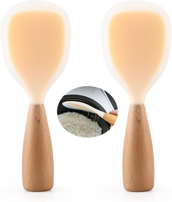 2er Pack Silikon Reislöffel Mit Holzgriff Antihaftbeschichtung Für Reiskocher Spatel Und Küchenutensil