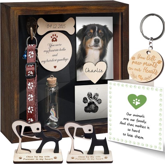 21,8 Cm Große Gedenk Schattenbox Für Tiere Rustikaler Halsbandhalter Fotorahmen Mit Pfotenabdruck Set, Hundeskulptur Aus Holz, Asche Und Fellgefä