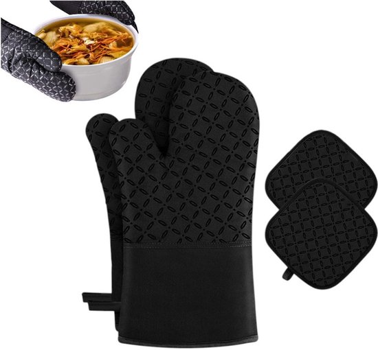4 Stück Ofenhandschuhe Silikon Ofenhandschuhe Schwarze, Hitzebeständige Baumwoll Ofenhandschuhe Hitzebeständig Bis 500 °c Backhandschuhe Kochhand