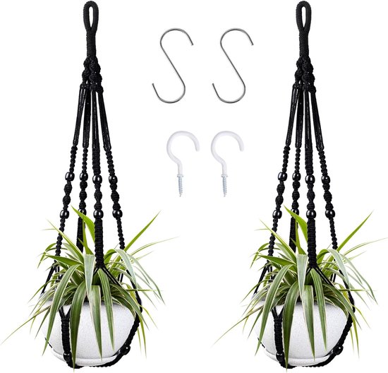 Hängender Pflanzenkorb Handgewebte Hängeblumentöpfe 2er Set Schwarz Hängender Pflanzenständer Handgefertigt, Für Zimmer Und Gartenpflanzen (85 Cm