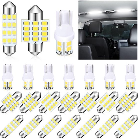 24 Teiliges Led Autolampen Set Weiß Für Innenraumbeleuchtung, Kartenleselampe, Deckenleuchte, Kofferraumbeleuchtung Und Kennzeichenbeleuchtung