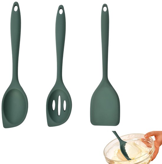 3 Teiliges Set Silikonlöffel Antihaft Rührlöffel Zum Mischen Und Umfüllen Von Lebensmitteln Zum Kochen, Backen Und Rühren 28 Cm (dunkelgrün)