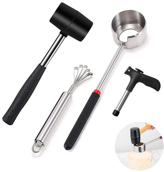 Kokosnussschalen Set Kokosnussöffner Kokosnussschalen Ausstecher Öffnet Mühelos Frische Und Reife Kokosnüsse Enthält Schalenöffner, Hammer, Reibe