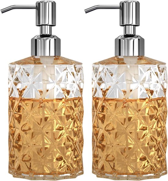 2 Teiliger Seifenspender Aus Glas Mit Diamantmuster 330 Ml, Nachfüllbar Pumpe Aus Edelstahl 304 Lotionspender Für Küche Und Bad