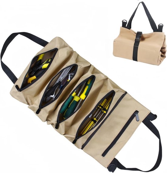 Werkzeugtasche Für Herren Schlüsselrolle Aus Canvas 5 Geschlossene Fächer, Multifunktionale Werkzeugtasche Khaki