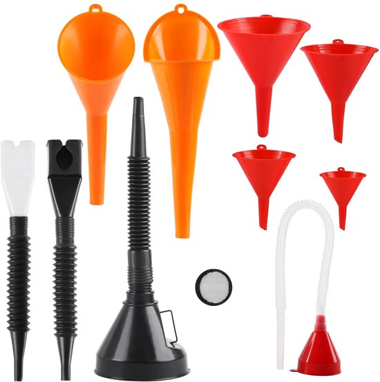 10 Teiliges Set Kfz Einfülltrichter, Breite Kraftstofftrichter, Flexible Winkeltrichter Mit Abnehmbarem Auslauf Und Filter, Schnapptrichter, Kuns