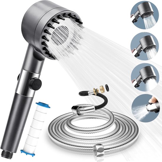 Duschkopf Regendusche Wassersparender Hochdruck Duschkopf Mit 2 M Schlauch, Verstellbar, Mit Antikalkfunktion Und Filter, 4 Strahlarten Mit Stopp