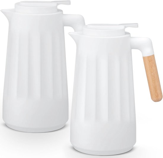 2 Stück 1 Liter Thermoskannen Doppelwandig Vakuumiert Glasauskleidung Holzgriff Hält Heiß Oder Kalt Für Kaffee Teekocher Campingkessel Teekanne W