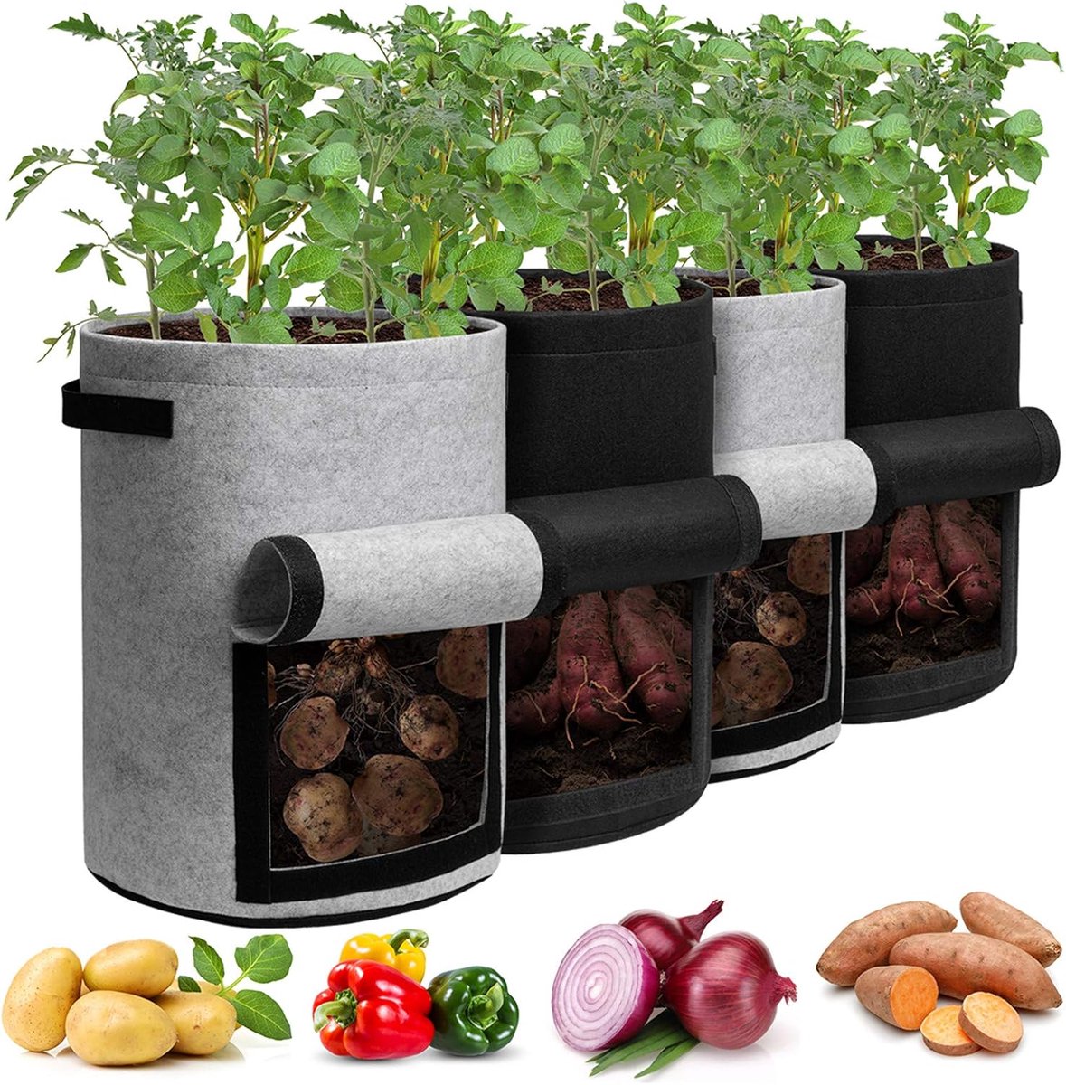 Kartoffelpflanzsäcke Mit Klappe – 10 Gallonen (4er-pack) – Pflanzsäcke Mit Griffen Und Erntefenster Für Kartoffeln, Tomaten Und Gemüse – Schwarz