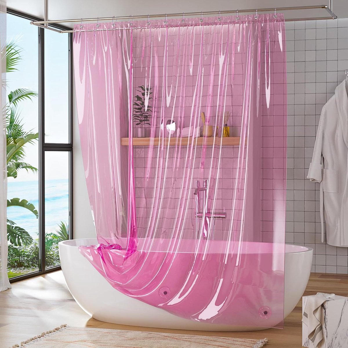 Duschvorhang – Wasserdichter Peva-duschvorhang – Leicht Zu Reinigen – Duschvorhang Fürs Badezimmer – Trennvorhang – Duschvorhangeinlage – Rosa – 183 X 183 Cm