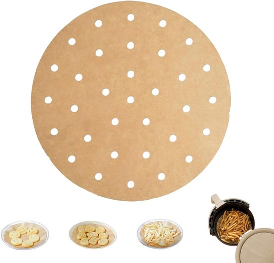 Perforiertes 25 Cm Backpapier Für Heißluftfritteusen, Rund, Ungebleicht, 100 Blatt. Für Heißluftfritteusen, Bambusdämpfer, Mikrowelle Und Backofe