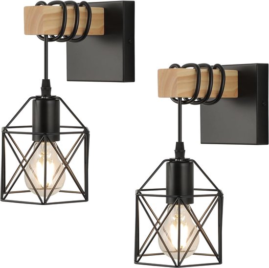 2 Wandleuchten Mit Stecker Rustikaler Stil Schwarzer Metallkäfigschirm Holzoptik Für Badezimmer, Flur, Wohnzimmer Und Schlafzimmer