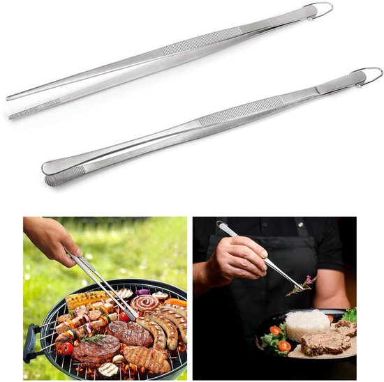 2 Extra Lange Edelstahl Kochzangen Mit Haken 30 Cm Silber Zum Kochen, Backen, Grillen Und Zubereiten Von Speisen
