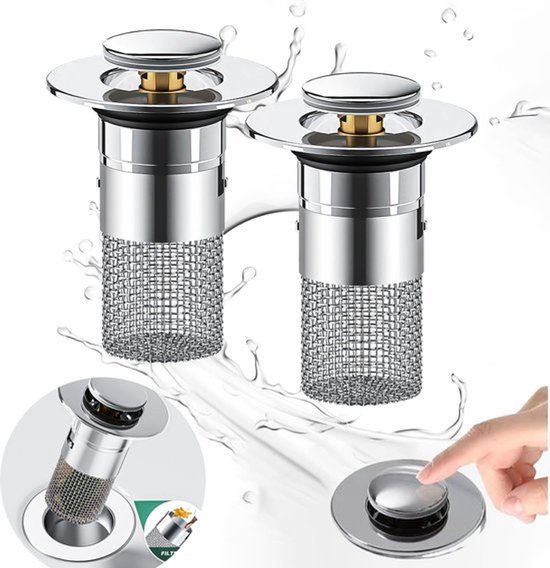 2er Pack Waschbecken Ablaufstopfen Mit Haarfänger Pop Up Ablaufsieb Mit Edelstahl Siebkorb Silber