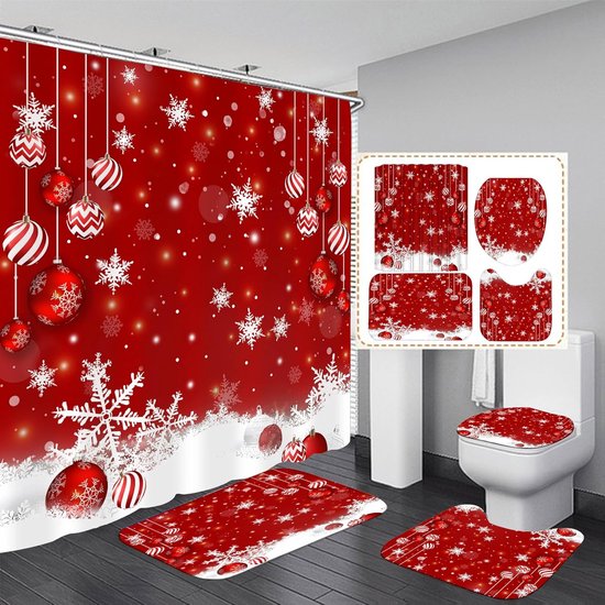 4 Teiliges Rotes Weihnachts Badezimmerdeko Set Duschvorhang Mit Weihnachtskugeln Winterliches Schneemotiv Mit 12 Haken Festliche Badezimmerdekora