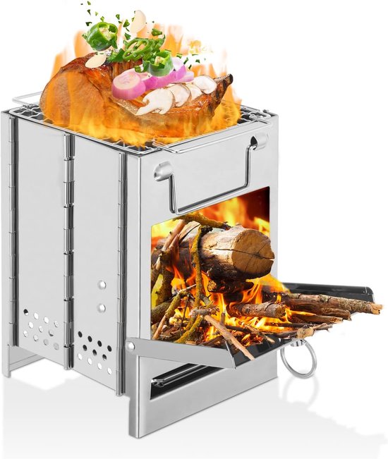 Campingkocher & Mini Holzkohlegrill Faltbarer Edelstahl Holzkocher Mit Tragetasche Kompakt & Leicht Für Rucksackreisen, Wanderungen & Camping