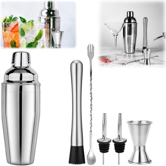 6 Teiliges Cocktail Set Cocktail Mixset Barkeeper Werkzeugset Aus Edelstahl 750 Ml Shaker Inklusive Stößel, Rührlöffel, Ausgießer Und Doppel Jigg