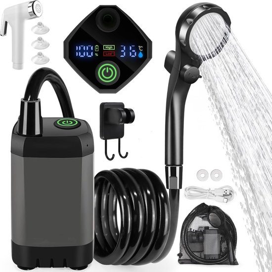 Tragbare Campingdusche, Campingdusche Mit Pumpe, Außendusche Mit Pumpe Und Temperaturanzeige, Mobiles Duschset, 6000 Mah, Wiederaufladbar, Mobile