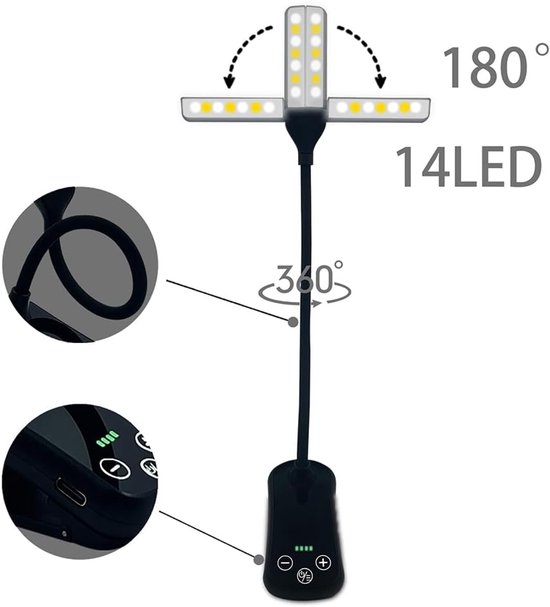 Wiederaufladbare Usb Leselampe 8 Helligkeitsstufen, 80 Stunden Leuchtdauer Buchlampe Mit Klemme Nachttischlampe Schwarz Doppelkopflampe