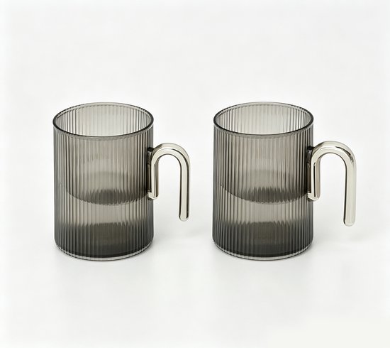 Mundspülbecher Zahnbürstenbecher Mit Griff Duschbecher Gestreiftes Design Multifunktional Und Wiederverwendbar 2er Set, Grau
