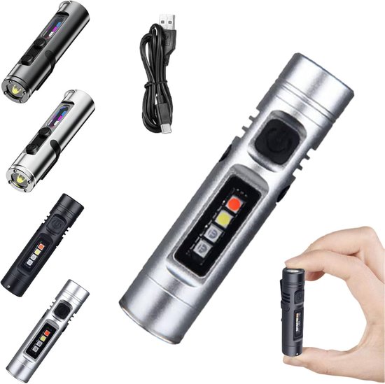 Tragbare, Wiederaufladbare Edc Taschenlampe Mini Schlüsselanhängerlampe Mit Feuerstarter Mit Magnetfuß Für Camping Und Wandern Silber