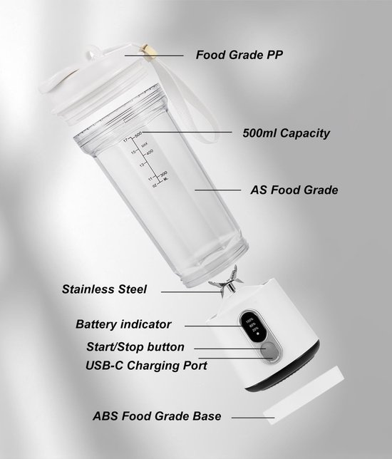 Tragbarer Mixer 500 Ml Usb C Akku (4000 Mah) 6 Edelstahlklingen Kabellos Mini Mixer Für Unterwegs Für Shakes & Smoothies, Fitnessstudio, Küche &