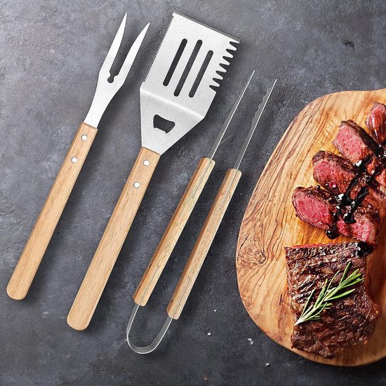 1 Set (3 Teilig) Grillzange Edelstahl Mit Eichenholzgriffen, Profi Zange, Pfannenwender Und Gabel Zum Grillen Im Garten Braun