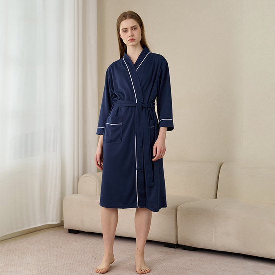 Damen Bademantel Aus Waffelpiqué Mit Taschen, Mittellang, Atmungsaktiv Und Weich, Pyjama/loungewear, Damen Nachtwäsche, Blau, Größe Xxxl