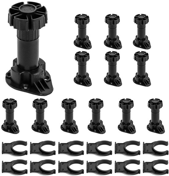 Set Mit 12 Runden Küchenmöbelfüßen Aus Abs Kunststoff Mit 12 Montagehalterungen, Höhenverstellbar: 100 120 Mm, Schwarz