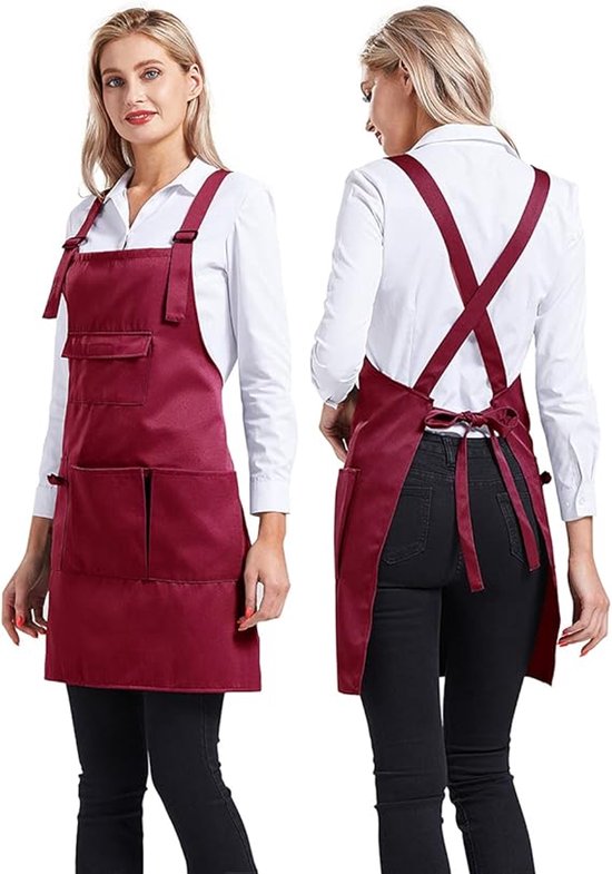 Unisex Friseurschürze, Arbeitsschürze, Gartenschürze, Verstellbare Haarschneideschürze Mit Taschen Dunkelrot