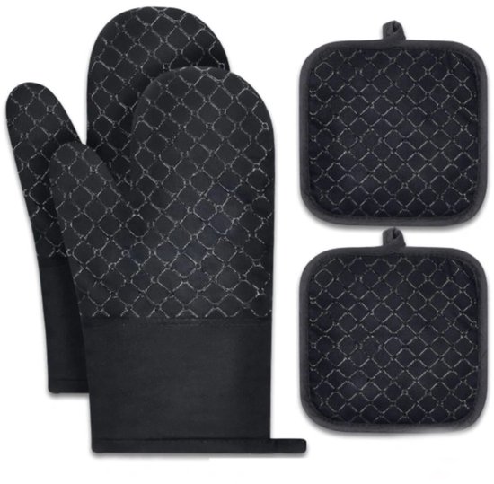 Grillhandschuhe Hitzebeständige Ofenhandschuhe 4er Set Topflappen Ofenhandschuhe Grillzubehör Schwarz