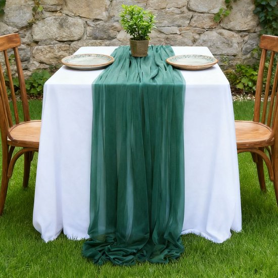 Zwei Chiffon Tischläufer, Tischdekoration Im Boho Stil Für Hochzeiten, 75 X 300 Cm Dunkelgrün