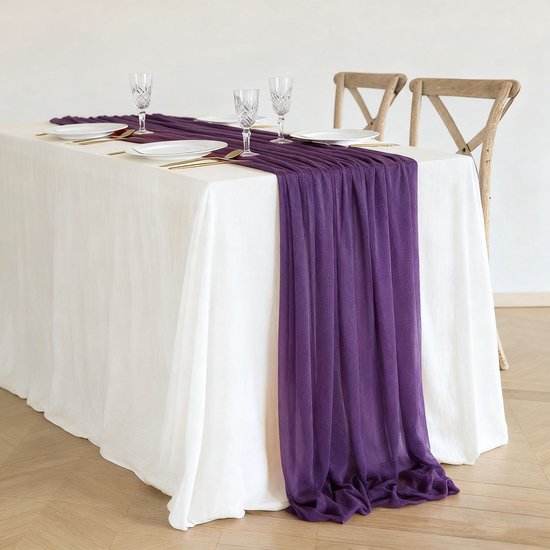Zwei Chiffon Tischläufer, Tischdekoration Im Boho Stil Für Hochzeiten, 75 X 300 Cm Dunkelviolett