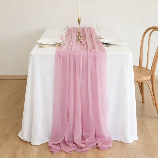 Zwei Chiffon Tischläufer, Tischdekoration Im Boho Stil Für Hochzeiten, 75 X 300 Cm Dunkelrosa