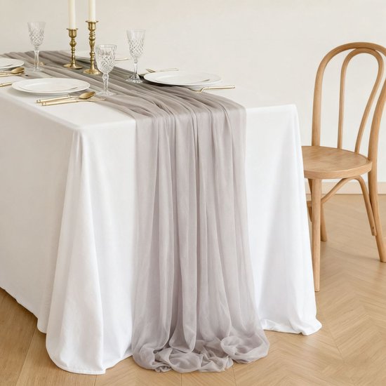 Zwei Chiffon Tischläufer, Tischdekoration Im Boho Stil Für Hochzeiten, 75 X 300 Cm Graugrün