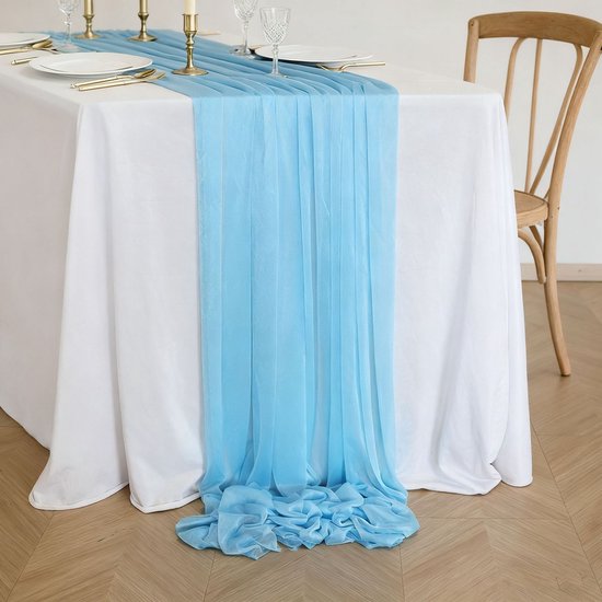 Zwei Chiffon Tischläufer, Tischdekoration Im Boho Stil Für Hochzeiten, 75 X 300 Cm Hellblau