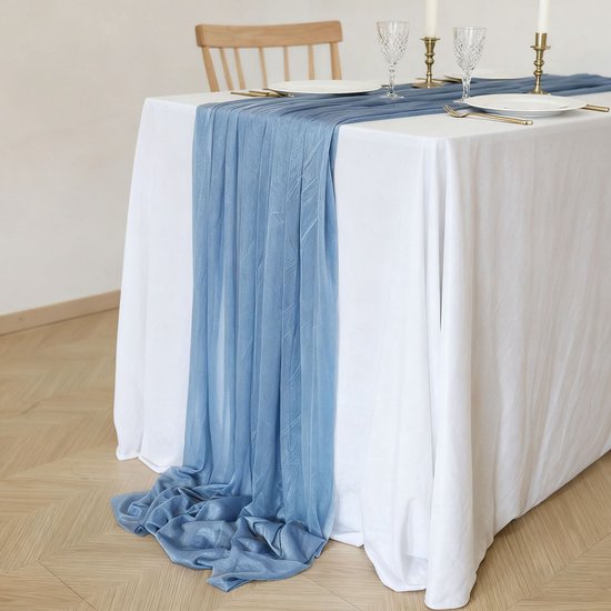 Zwei Chiffon Tischläufer, Tischdekoration Im Boho Stil Für Hochzeiten, 75 X 300 Cm Staubblau