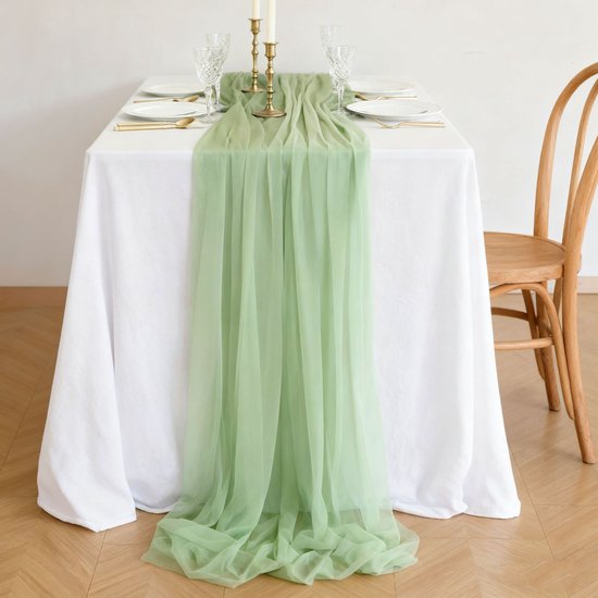 Zwei Chiffon Tischläufer, Tischdekoration Im Boho Stil Für Hochzeiten, 75 X 300 Cm Salbeigrün