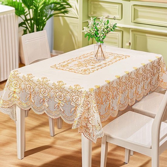 Rechteckige Pvc Tischdecke Mit Goldfoliengeprägtem Blumenmuster Wasserfest, Öl Und Hitzebeständig, Leicht Zu Reinigen, Für Esstisch, Couchtisch U