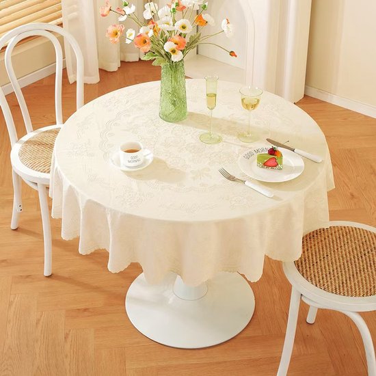 Runde Pvc Tischdecke Mit Cremeweißem Blumenmuster Öl Und Hitzebeständig, Pflegeleicht, Für Küche, Esszimmer Und Gartentisch, Ø 200 Cm