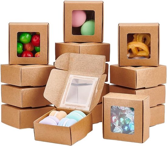 30 Stück 6,5 X 6,5 X 3 Cm Geschenkboxen Aus Kraftpapier Mit Sichtfenster Für Gastgeschenke, Backwaren, Schmuck Und Geschenkverpackungen Quadratis