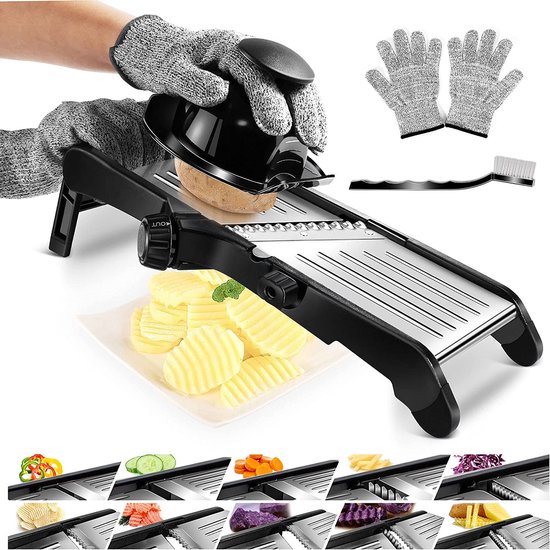 Verstellbarer Gemüsehobel Aus Edelstahl Multifunktional Gezahnte Klinge Inklusive Handschuhen Und Reinigungsbürste