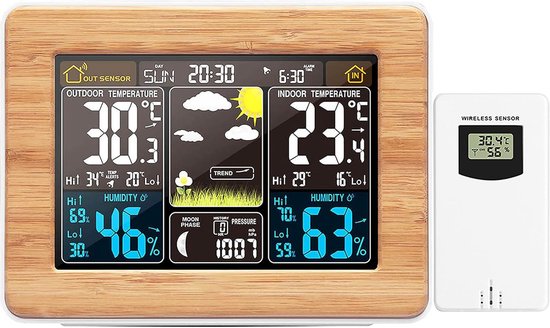 Farbenfrohe Digitale Drahtlose Wetterstation Mit Außensensor Innen Und Außenthermometer Mit Anzeige Von Uhrzeit, Datum, Temperatur, Luftfeuchtigk