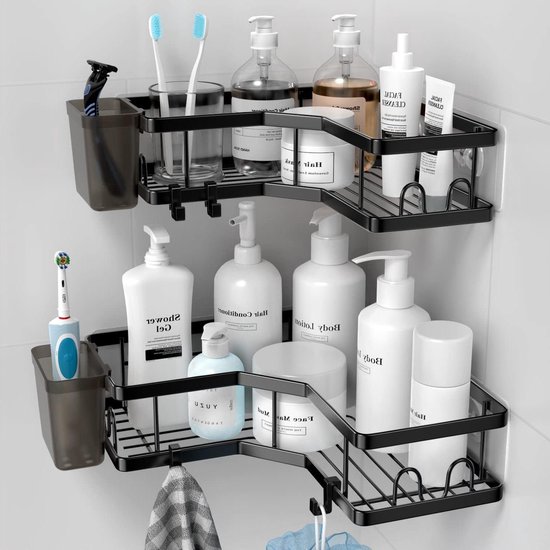 Selbstklebendes Eckregal Für Die Dusche Zur Badezimmerorganisation – Edelstahl – 2-teilig – Schwarz – 4 Haken – Zahnpastahalter