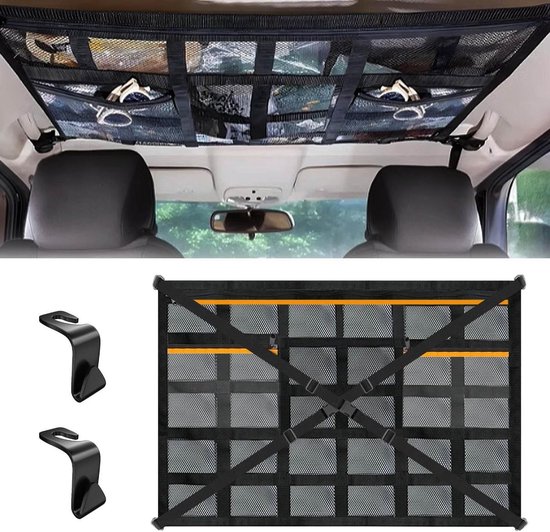 Gepäcknetz Fürs Auto Dachhimmel Aufbewahrungsnetz Auto Organizer Verstellbare Kreuzgurte 90 X 65 Cm Schwarz