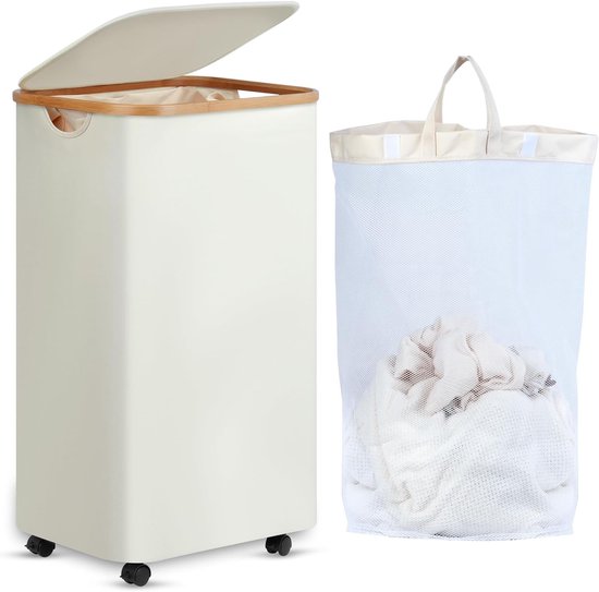Xl Wäschekorb Mit Rollen 100 Liter Beige Bambus Mit Deckel