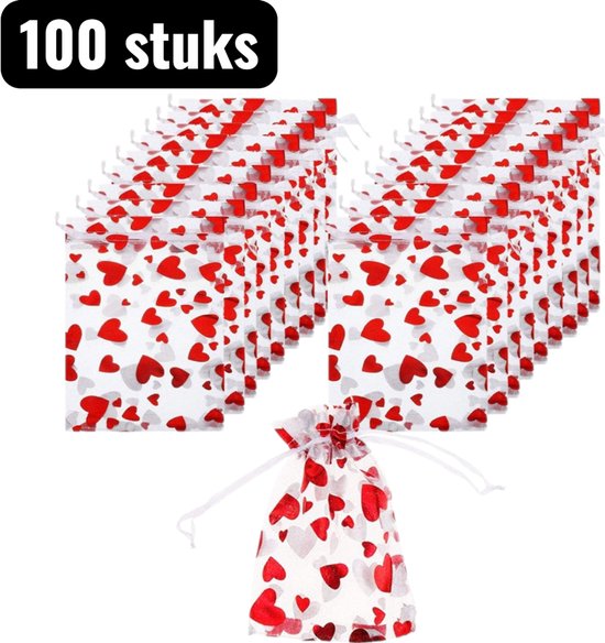 100 Stück Geschenkverpackung Geschenktüten Verpackung 8 X 10 Cm Rote Organza Geschenktüten Roter Herzfoliendruck, Für Valentinstag Und Weihnachte