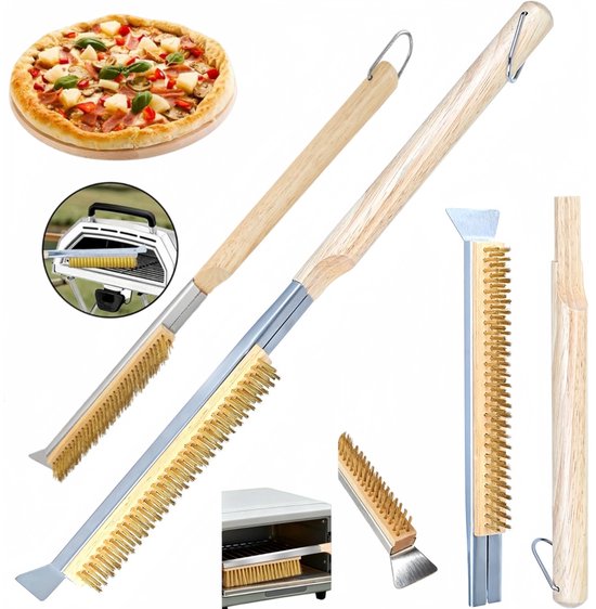 2 Teiliges Pizzastein Bürstenset (lang + Kurz) Pizzaofenbürsten Mit Edelstahlschabern Messingborsten Holzgriffe (mit Aufhängeösen) Grillbürsten O