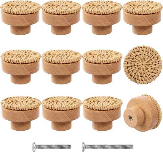 12er Pack Boho Kommodenknöpfe Aus Holz Handgefertigte Schrankknöpfe Aus Rattan Mit 24 Schrauben Für Kinderzimmermöbel