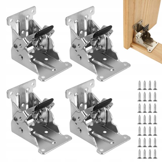 4 Selbstsichernde Klappscharniere (0 90°) 40 Schrauben + 4 Halterungen Für Tische, Betten, Schreibtische, Schränke Und Hocker